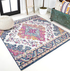JONATHAN Y Boho Vintage Blue/Multi 3x3 Square Area Rug, Bohemian Flair Medallion, Floral Easy-Cleaning High Traffic for Living Room, Bedroom, Kitchen, Pet-Friendly, Non Shedding (BMF106A-3SQ)