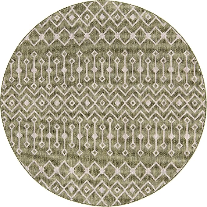 Unique Loom Outdoor Trellis Collection Area Rug - Tribal Trellis (7' 10" Round, Green/ Natural)