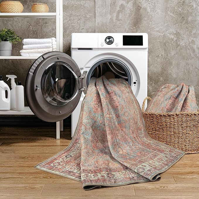GLN Rugs Traditional Collection - Machine Washable Area Rug, Traditional Washable, Non Slip, Low Pile Chenille Rug, Living Room, Bedroom, Kitchen Rug (6' x 9' Terra/Multicolor 1153)