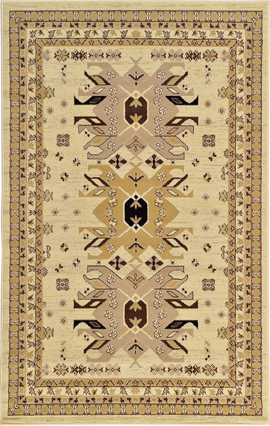 Unique Loom Taftan Collection Border Geometric Tribal Inspired Design Area Rug (5' 0 x 8' 0 Rectangular, Ivory/ Tan)