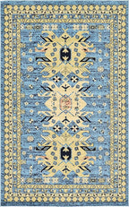 Unique Loom Taftan Collection Border Geometric Tribal Inspired Design Area Rug (5' 0 x 8' 0 Rectangular, Light Blue/ Gold)