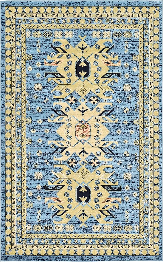 Unique Loom Taftan Collection Border Geometric Tribal Inspired Design Area Rug (5' 0 x 8' 0 Rectangular, Light Blue/ Gold)