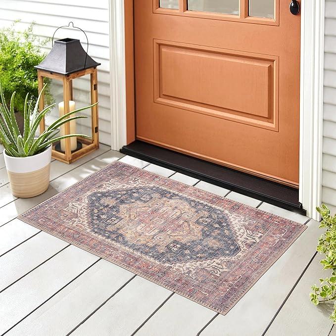 GLN Rugs Traditional Collection - Machine Washable Area Rug, Traditional Washable, Non Slip, Low Pile Chenille Rug, Living Room, Bedroom, Kitchen Rug (2' x 3' Black/Terra)