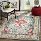 SAFAVIEH Monaco Collection Area Rug - 5'1" x 7'7", Light Blue & Fuchsia, Boho Chic Medallion Distressed Design, Non-Shedding & Easy Care, Ideal for High Traffic Areas in Living Room, Bedroom (MNC243J)