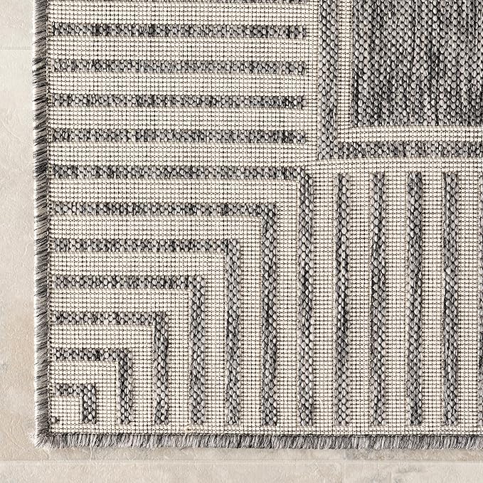 Nuloom Asha Grey/Ivory, 9'6" x 12', Casual, Striped Border, Soft and Cozy, High Traffic, Stain Resistant, Easy Clean, Durable Area Rug for Indoor/Outdoor Patio, Deck, Porch, Garden, Courtyard
