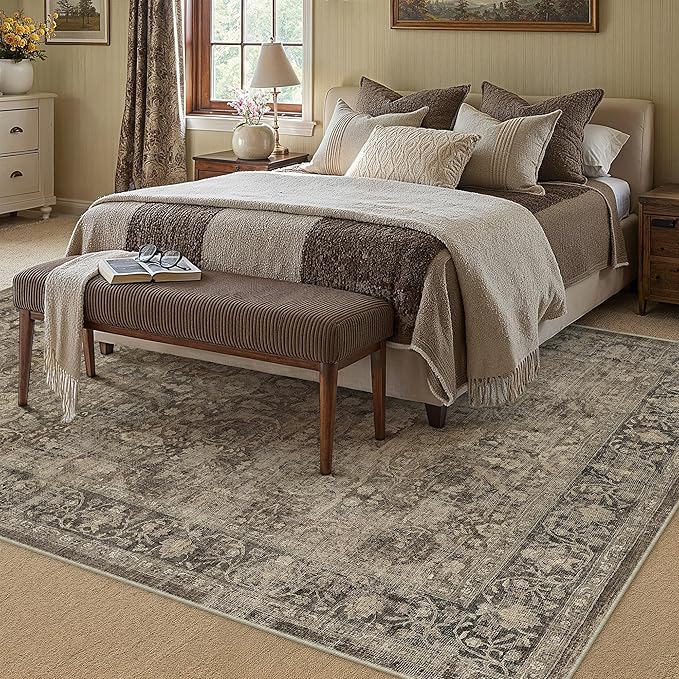 6x9 Brown Washable Area Rug for Living Room Bedroom Neutral Vintage Soft Non Slip Rug Low Pile Distressed Carpet for Dining Room Nursery Office Indoor
