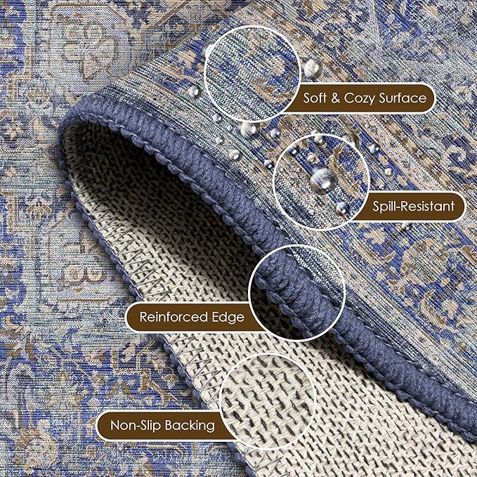 Washable Area Rug 5' x 7' Vintage Traditional Persian Mat - Foldable Distressed Non-Slip Machine Washable Carpet for Living Room Bedroom Kitchen Home Decor - Indigo and Gold