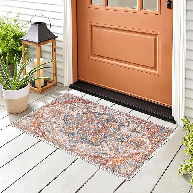 GLN Rugs Traditional Collection - Machine Washable Area Rug, Traditional Washable, Non Slip, Low Pile Chenille Rug, Living Room, Bedroom, Kitchen Rug (2' x 3' Cream/Terra)