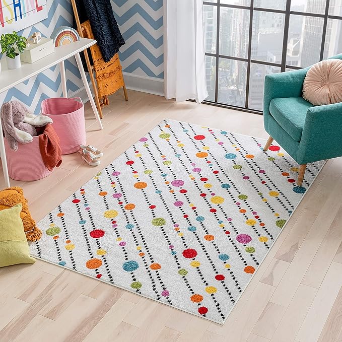 Well Woven Modern Rug Dandy Dots Stripes Ivory 3'3'' x 5' Accent Area Rug Entryway Bright Kids Room Kitchn Bedroom Carpet Bathroom Soft Durable Area Rug