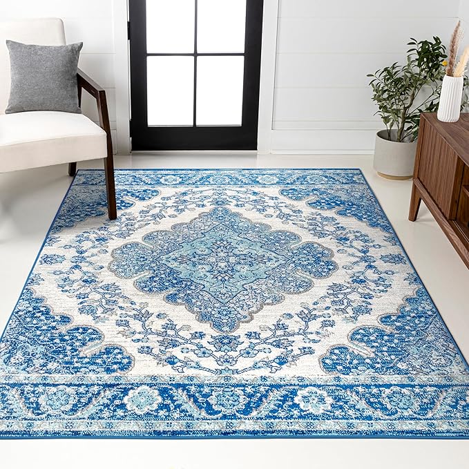 JONATHAN Y Boho Vintage Cream/Blue Indoor Area Rug, 9x12, Bohemian Flair Medallion, Floral Easy-Cleaning High Traffic for Living Room, Bedroom, Kitchen, Pet-Friendly, Non-Shedding (BMF106B-9)