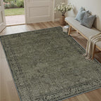 Vintage Area Rug 5x7 Washable Olive Brown Living Room Carpet Large Indoor Non Slip Bedroom Low Pile Kitchen Distressed Retro Accent Throw Rug for Dining Room