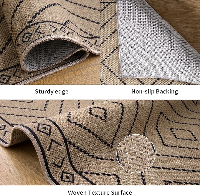 Tangsoo Easy Jute Rug 3x5 for Entryway,Geometric Non-Slip Washable Indoor Outdoor Door Carpet,Farmhouse Ultra Thin Throw Mat for Kitchen Bedroom Front