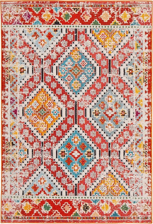 SAFAVIEH Madison Collection Area Rug - 5'3" x 7'6", Rust & Pink, Boho Diamond Distressed Design, Non-Shedding & Easy Care, Ideal for High Traffic Areas in Living Room, Bedroom (MAD418Q)