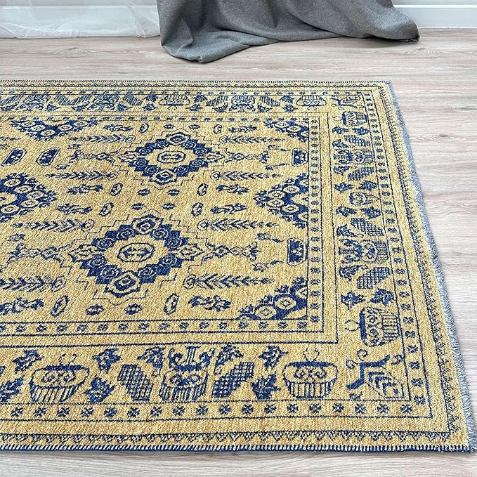 Alfa Rich 7x10 Gold Navy Blue Washable Area Rugs for Living Room Bedroom Kitchen Dining Cotton Rug