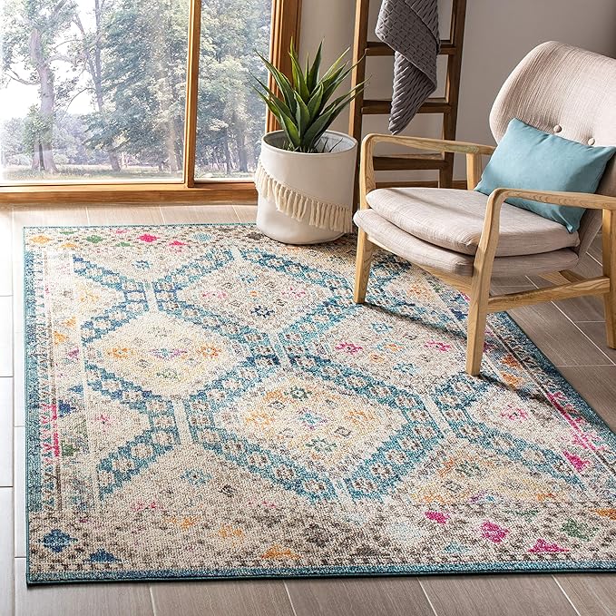 SAFAVIEH Madison Collection Area Rug - 5' x 7', Dark Blue & Yellow, Transitional Design, Slip Resistant & Stain Resistant, Ideal for High Traffic Areas in Living Room, Bedroom & Dining Room