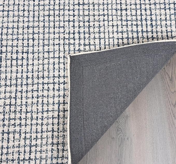 Hand-Tufted 100% Wool Pile Area Rug – Geometric Textured Grid Check Pattern – Thick and Durable Floor Carpet for Bedroom, Living Room, Kids Room, and Dining Area (Ivory, Denim, 7' x 7')