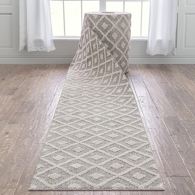 Well Woven Custom Size Hallway Stair Runner - Choose Your Length - Ainsley Ivory Diamond Trellis Geometric Tribal - 27 Inches Wide x 20 Feet Long Runner (27" x 20' Runner) Rug