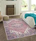 GLN Rugs Traditional Collection - Machine Washable Area Rug, Traditional Washable, Non Slip, Low Pile Chenille Rug, Living Room, Bedroom, Kitchen Rug (5' x 7' Multi Blue)