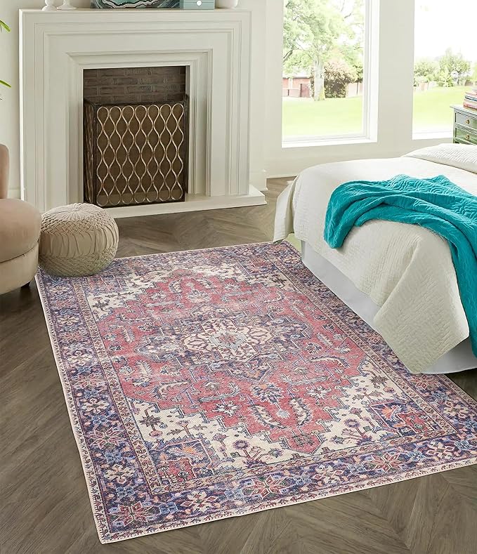 GLN Rugs Traditional Collection - Machine Washable Area Rug, Traditional Washable, Non Slip, Low Pile Chenille Rug, Living Room, Bedroom, Kitchen Rug (3' x 5' Multi Blue)