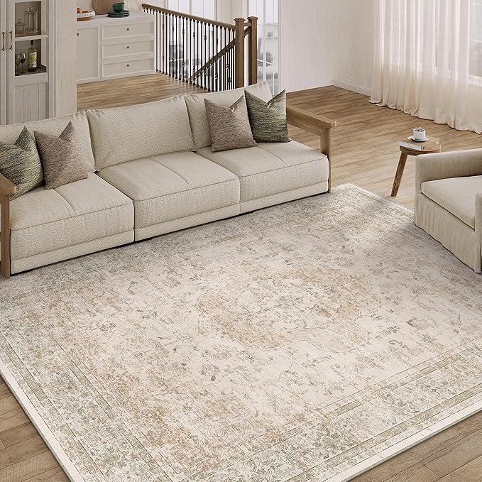 5x7 Washable Area Rug Beige Vintage Distressed Rug for Office Oriental Soft Thin Indoor Retro Carpet Non Slip Low Pile Floor Cover for Living Ding Room Bedroom Laundry Dorm