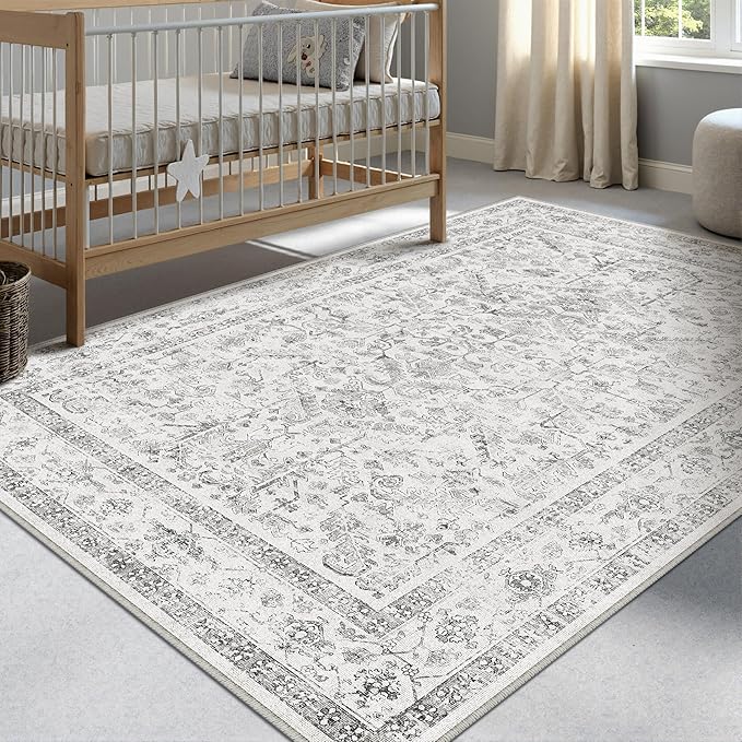 Grey 3x4 Entryway Rug Vintage Area Carpet Indoor Kitchen Washable Neutral Door Mat Entrance Small Low Pile Traditional Distressed Gray Retro Accent Throw Rug Non Slip Office Bathroom
