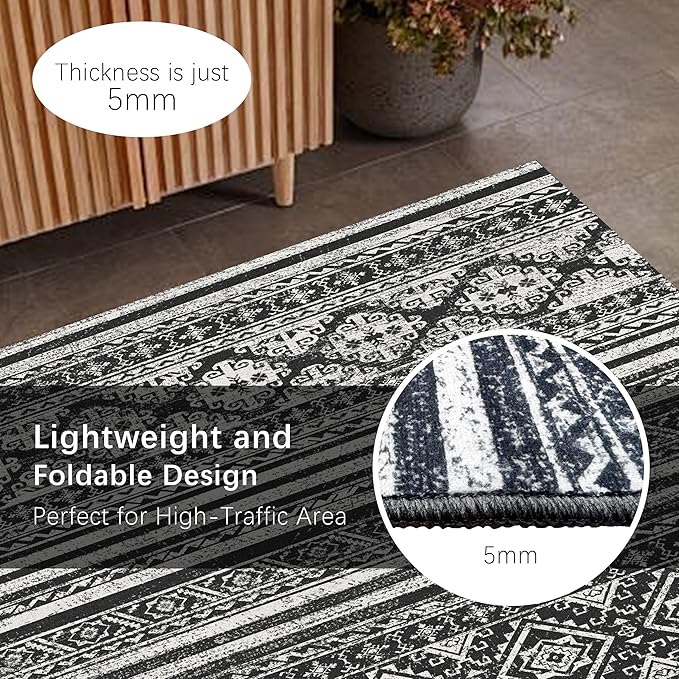RUGSURE Washable Area Rugs 9' x 12' - 1/6 Thick - Moroccan-Inspired -Stain & Water Resistant Non-Slip - Resistant Rug for Living Room, Bedroom, Nursery, Pet & Child Friendly (Black)