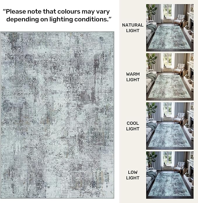 GLN Rugs Contemporary Collection - Machine Washable Area Rug, Contemporary Washable, Non Slip, Low Pile Chenille Rug, Living Room, Bedroom, Kitchen Rug (2' x 3' Grey/Green)