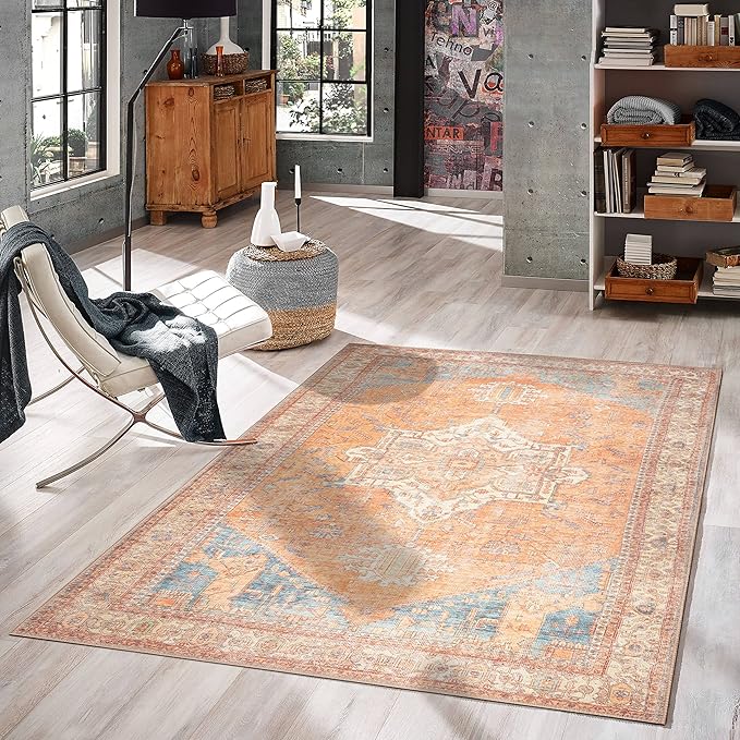 GLN Rugs Traditional Collection - Machine Washable Area Rug, Traditional Washable, Non Slip, Low Pile Chenille Rug, Living Room, Bedroom, Kitchen Rug (5' x 7' Terra/Multicolor)