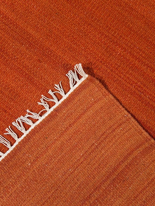 Rugsotic Carpets Hand Woven Flat Weave Kilim Wool 4'x6' Area Rug Solid Dark Orange D00111