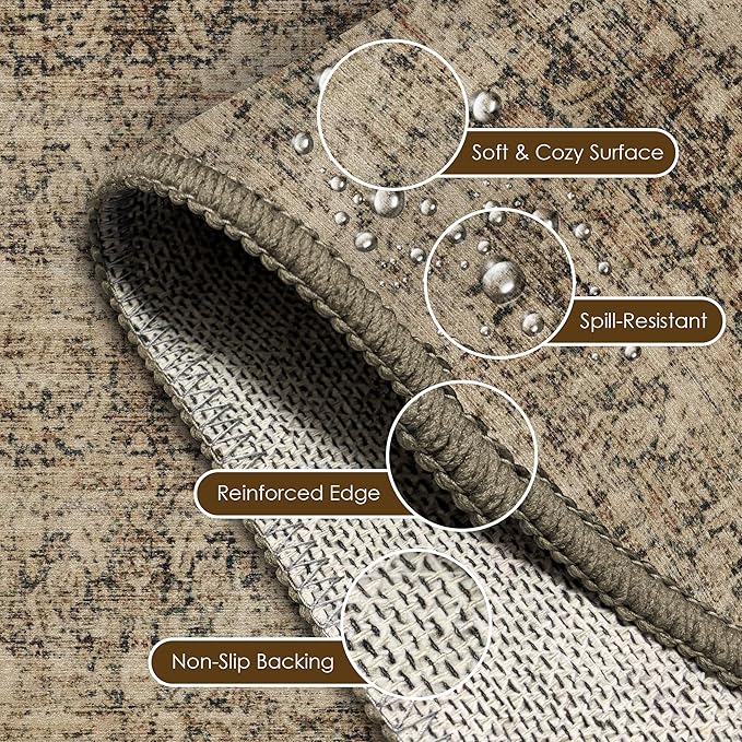 Washable Area Rug 9' x 12' Vintage Traditional Persian Mat - Foldable Distressed Non-Slip Machine Washable Carpet for Living Room Bedroom Kitchen Home Decor - Mocha and Taupe