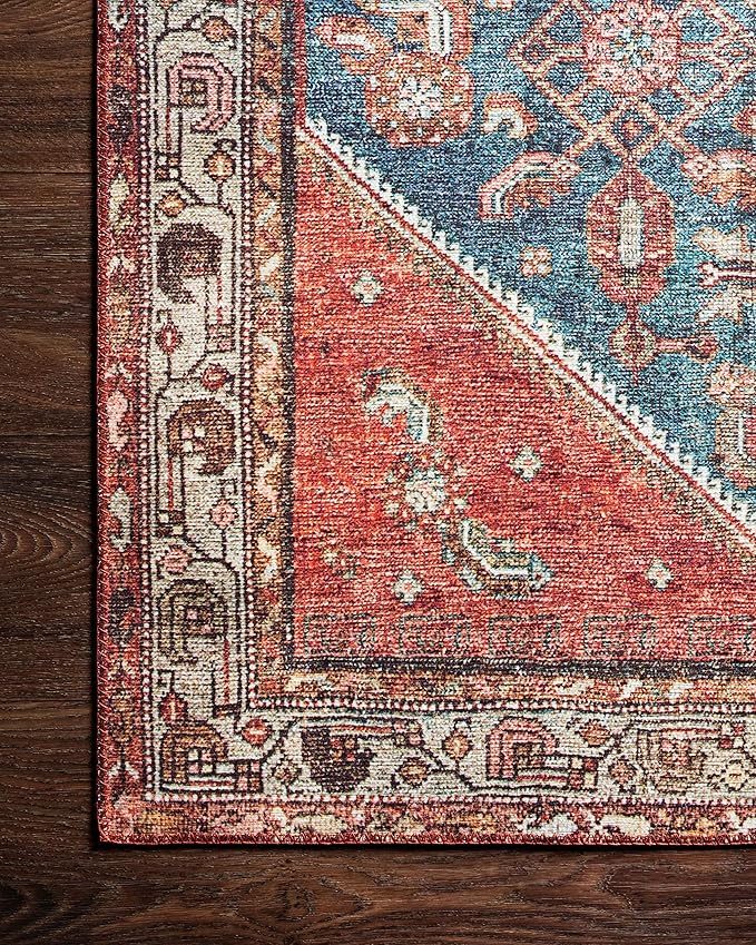 Loloi Layla Collection LAY-10 Marine/Clay 7'-6" x 9'-6" .13" Thick Area Rug, Soft, Durable, Vintage Inspired, Distressed, Low Pile, Non-Shedding, Easy Clean, Printed, Living Room Rug
