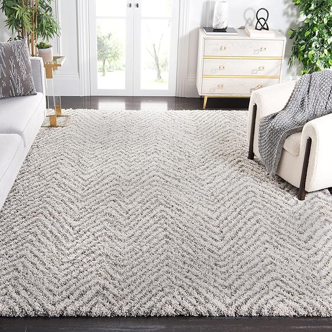 SAFAVIEH Area Rug 8x10 - Hudson Shag Collection - Large - Ivory & Grey, Chevron Pattern, Non-Shedding & Easy Cleaning, Ultra Plush Thick Pile, Ideal for Living Room, Bedroom, Dining Space (SGH375A)