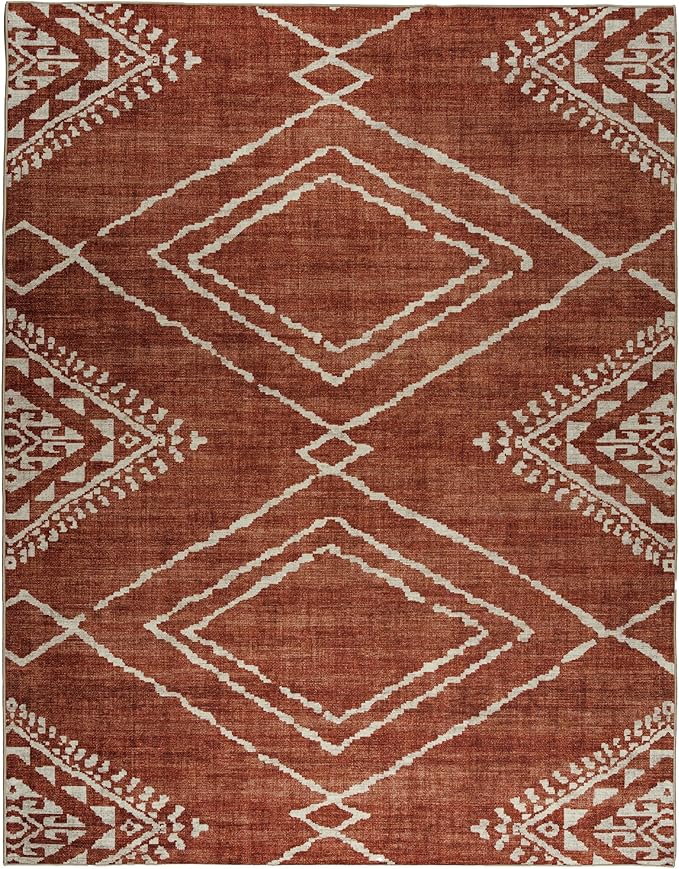 ReaLife Rugs Machine Washable Area Rug - Living Room Bedroom Bathroom Kitchen Entryway Office - Padded Crease Free Stain Resistant Premium - Moroccan Tribal Diamond - Jax- Orange - 2'x 3'