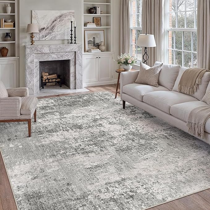 6x9 Grey Area Rug Washable Modern Abstract Living Room Carpet Non Slip Neutral Low Pile Soft Contemporary Gray Bedroom Large Rug Indoor Office Dining Room Playroom