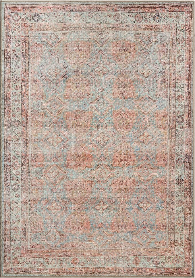 GLN Rugs Traditional Collection - Machine Washable Area Rug, Traditional Washable, Non Slip, Low Pile Chenille Rug, Living Room, Bedroom, Kitchen Rug (3' x 5' Terra/Multicolor 1153)