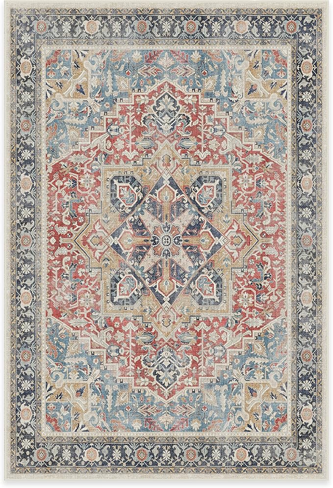 RUGGABLE Washable Vintage Area Rug – Kamran Cayenne Red 6x9, Stain-Resistant, Non-Slip – Medium Machine Washable Rugs for Living Room, Bedroom, Hallway, Entryway & Office–with Standard Pad