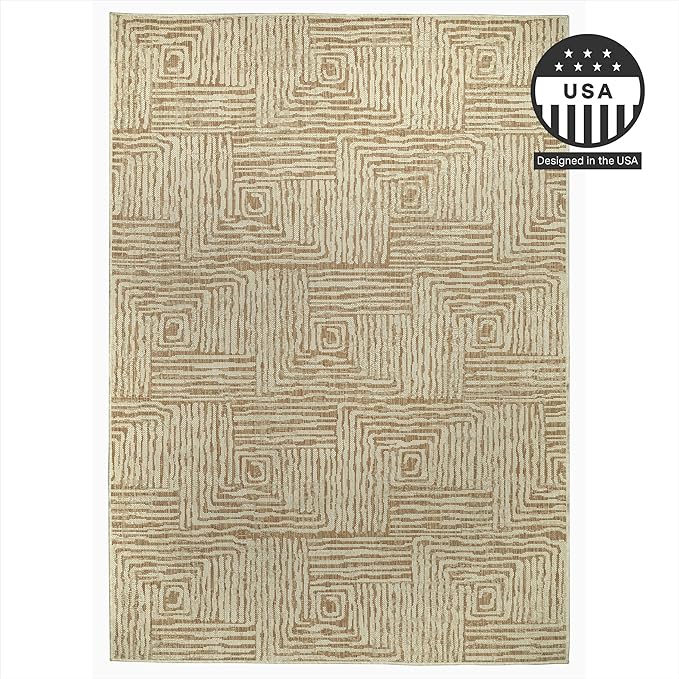 FH Home Flat Woven Outdoor Rug - Waterproof, Easy to Clean, Stain Resistant - Premium Polypropylene Yarn - Modern Geometric - Patio, Deck, Porch, Balcony - Budapest - Beige - 2ft 7in x 4ft 11in