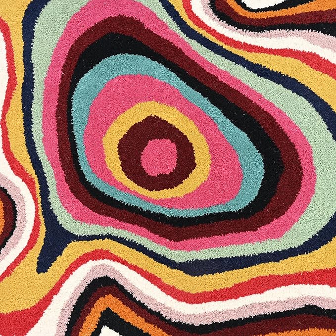 Irregular Shaped Handmade Wool Rug | Modern Colourful Stripe Premium Area Rug Perfect for Home Decor (Multi, 6x6 ft)