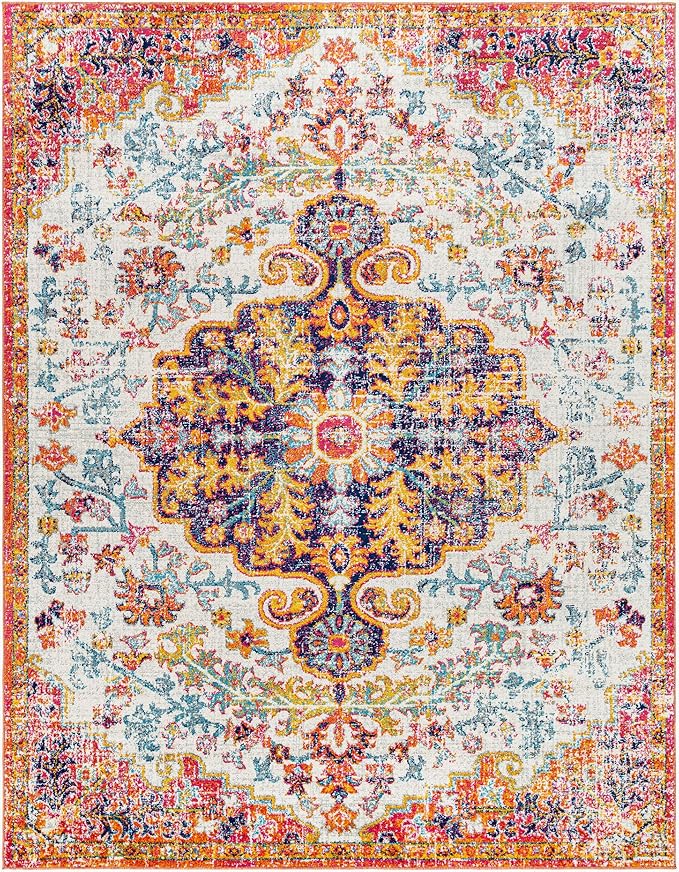 Livabliss Area Rugs - 8x10 Odelia Vintage Boho Beige Mustard Gray Area Rug for Living Room Bedroom - Floral Medallion Stain Resistant Carpet for Kitchen, Nursery, Office (7'10" x 10'3")