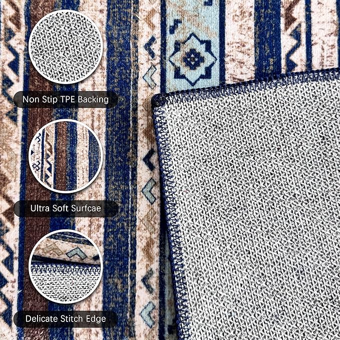 RUGSURE Washable Area Rugs 5' x 7' - 1/6 Thick - Moroccan-Inspired -Stain & Water Resistant Non-Slip - Resistant Rug for Living Room, Bedroom, Nursery, Pet & Child Friendly (Blue and Brown)