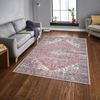 GLN Rugs Traditional Collection - Machine Washable Area Rug, Traditional Washable, Non Slip, Low Pile Chenille Rug, Living Room, Bedroom, Kitchen Rug (3' x 5' Multi Blue)