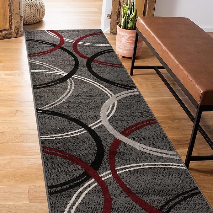 Rugshop Modern Wavy Circles Design Non-Shedding Runner Rug, Carpet for Hallway or Kitchen, Red, 2' x 7'2"
