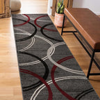 Rugshop Modern Wavy Circles Design Non-Shedding Runner Rug, Carpet for Hallway or Kitchen, Red, 2' x 10'