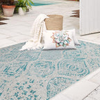 FH Home Flat Woven Outdoor Rug - Waterproof, Easy to Clean, Stain Resistant - Premium Polypropylene Yarn - Distressed Farmhouse - Patio, Porch, Deck, Balcony - Granada - Aqua - 5ft 2in x 7ft 6in