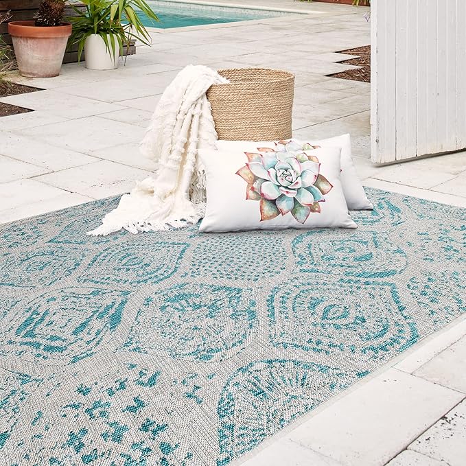 FH Home Outdoor Rug - Waterproof Easy to Clean Stain Resistant - Patio Indoor Outdoor Porch Deck Balcony Entryway - Distressed Farmhouse - Granada - Aqua - 6' x 9'