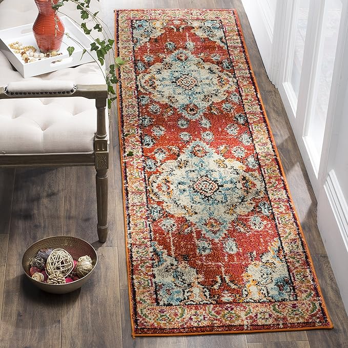 SAFAVIEH Monaco Collection Runner Rug - 2'2" x 16', Orange & Light Blue, Boho Chic Medallion Distressed Design, Non-Shedding & Easy Care, Ideal for High Traffic Areas in Living Room, Bedroom (MNC243H)
