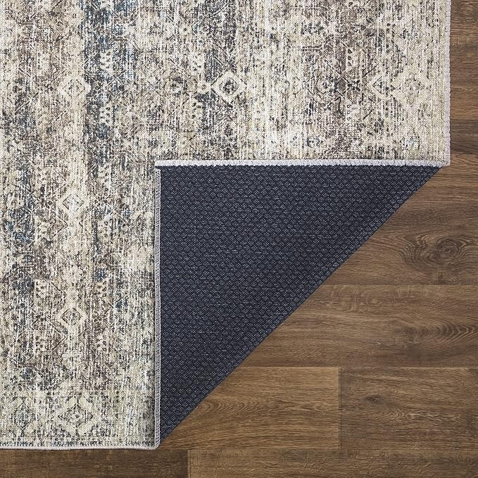 Bloom Rugs Caria Washable Non-Slip 4x6 Rug - Beige Brown/Teal Traditional Area Rug for Living Room, Bedroom, Dining Room, and Kitchen - Exact Size: 4' x 6'