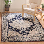 SAFAVIEH Monaco Collection Round Rug - 6'7" Round, Ivory & Navy, Traditional Design, Slip Resistant & Stain Resistant, Ideal for High Traffic Areas in Living Room, Bedroom & Dining Room (MNC243C-7R)