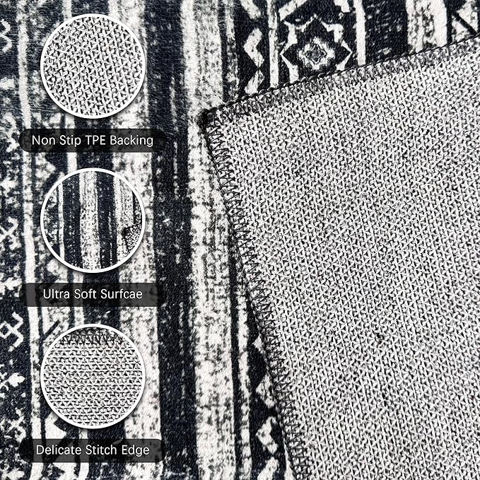 RUGSURE Washable Area Rugs 9' x 12' - 1/6 Thick - Moroccan-Inspired -Stain & Water Resistant Non-Slip - Resistant Rug for Living Room, Bedroom, Nursery, Pet & Child Friendly (Black)