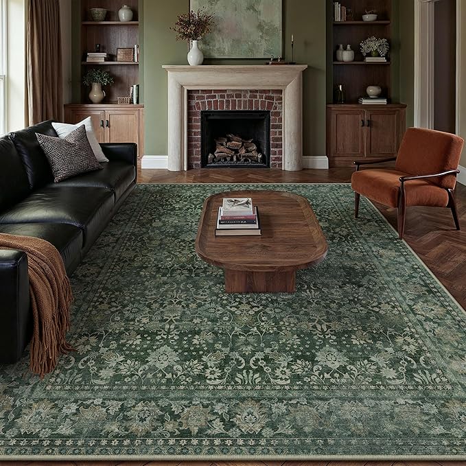 HUGEAR 6x9 Machine Washable Rugs Dark Green Hallway Large Area Rug Indoor Accent Rug Floral Low Pile Carpet Soft Throw Aesthetic Rug Bedroom Living Room Office Dining Room Kitchen Laundry Room